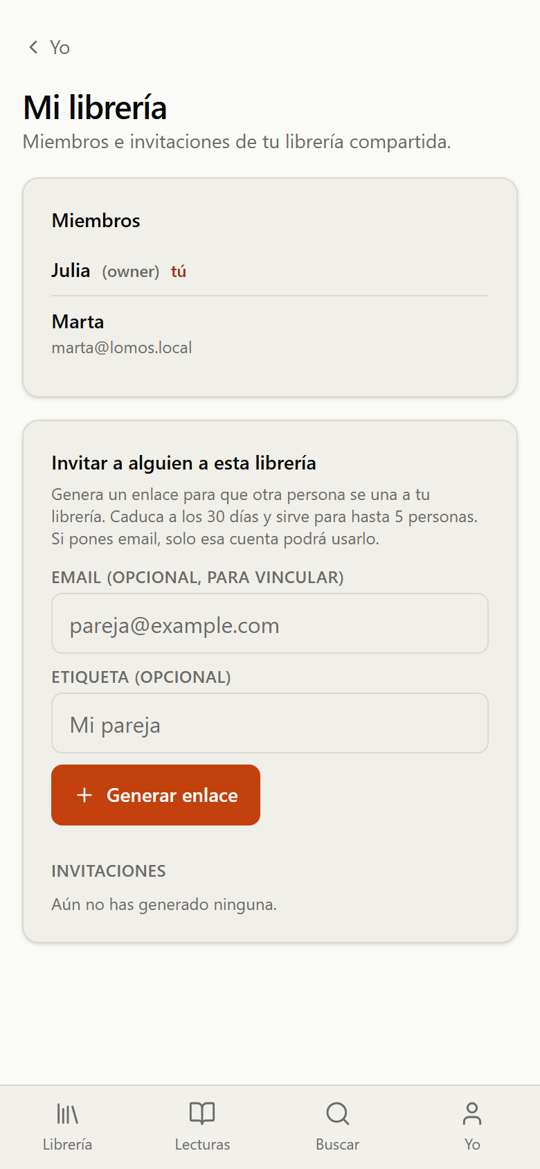 Página Mi librería con la lista de miembros y el formulario para generar un enlace de invitación