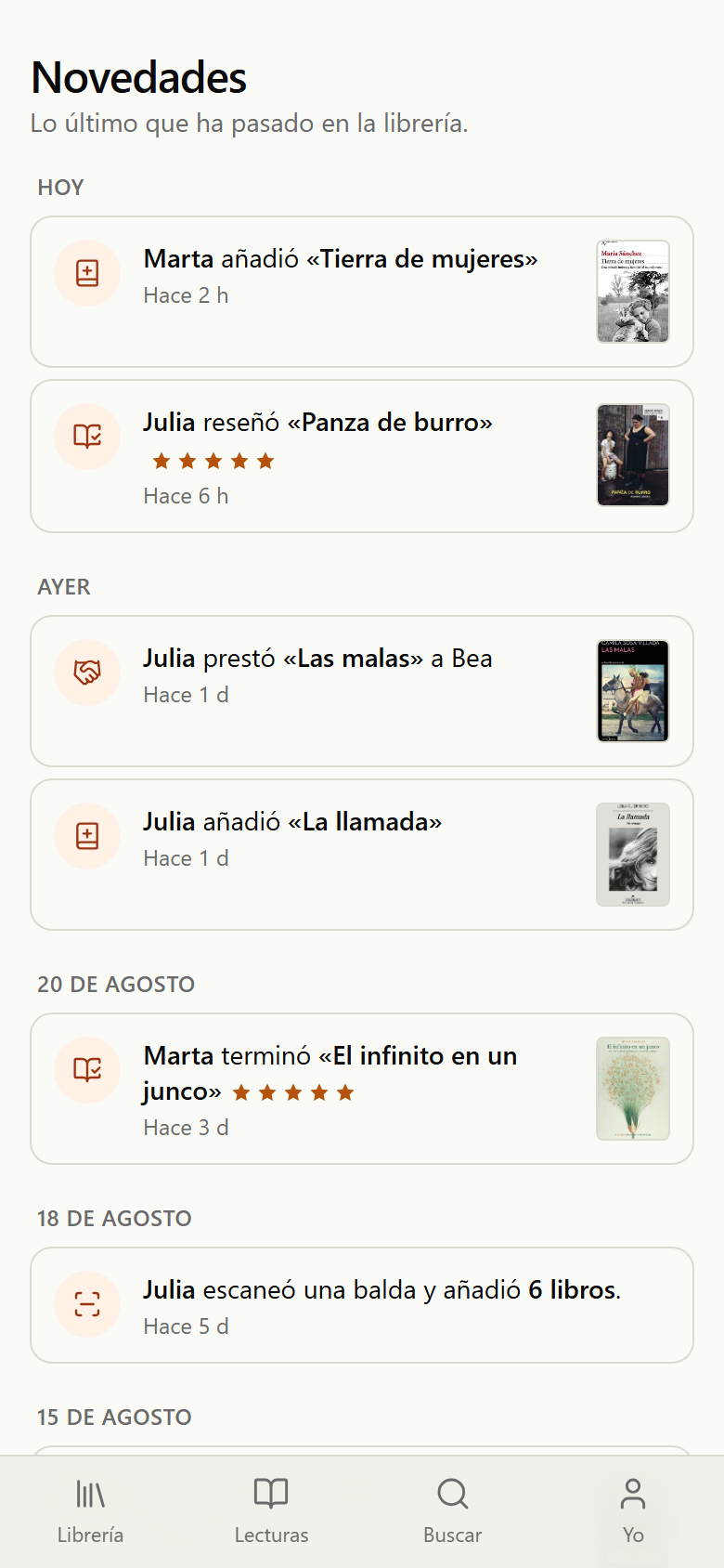 Feed de novedades con la actividad reciente de la casa: libros añadidos y lecturas terminadas
