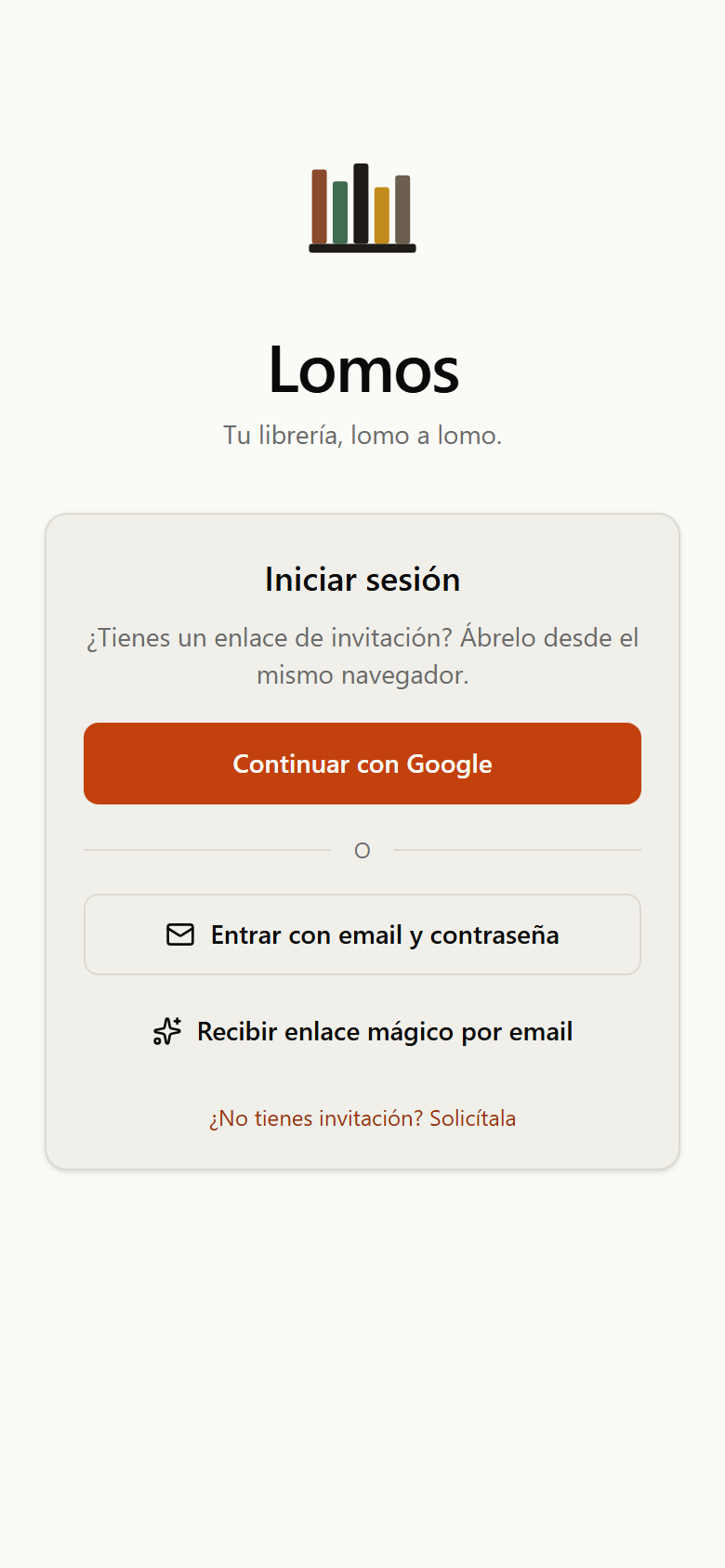 Pantalla de inicio de sesión de Lomos con botones para entrar con Google, con email y contraseña o con enlace mágico