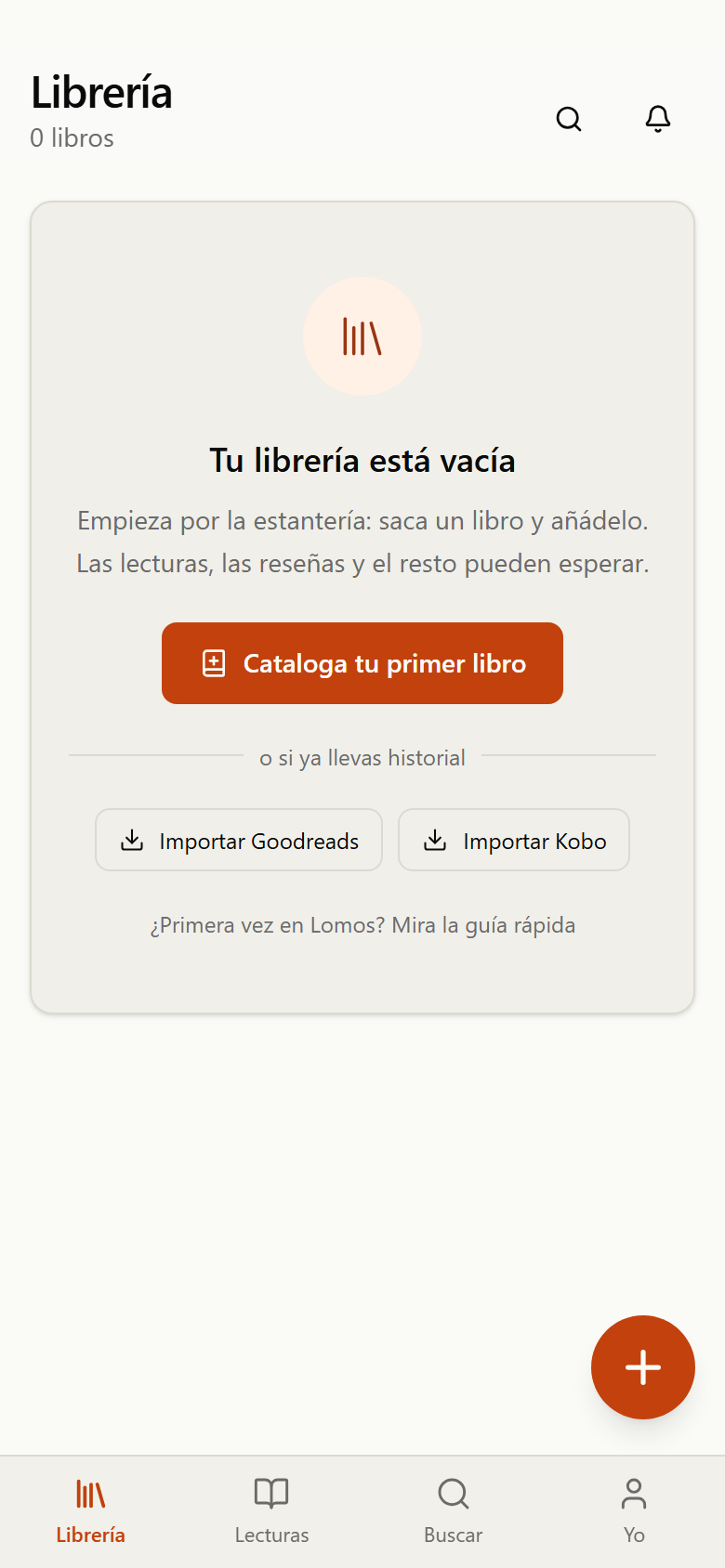 Librería vacía con el mensaje "Tu librería está vacía" y tres atajos: importar de Goodreads, importar de Kobo y añadir un libro a mano