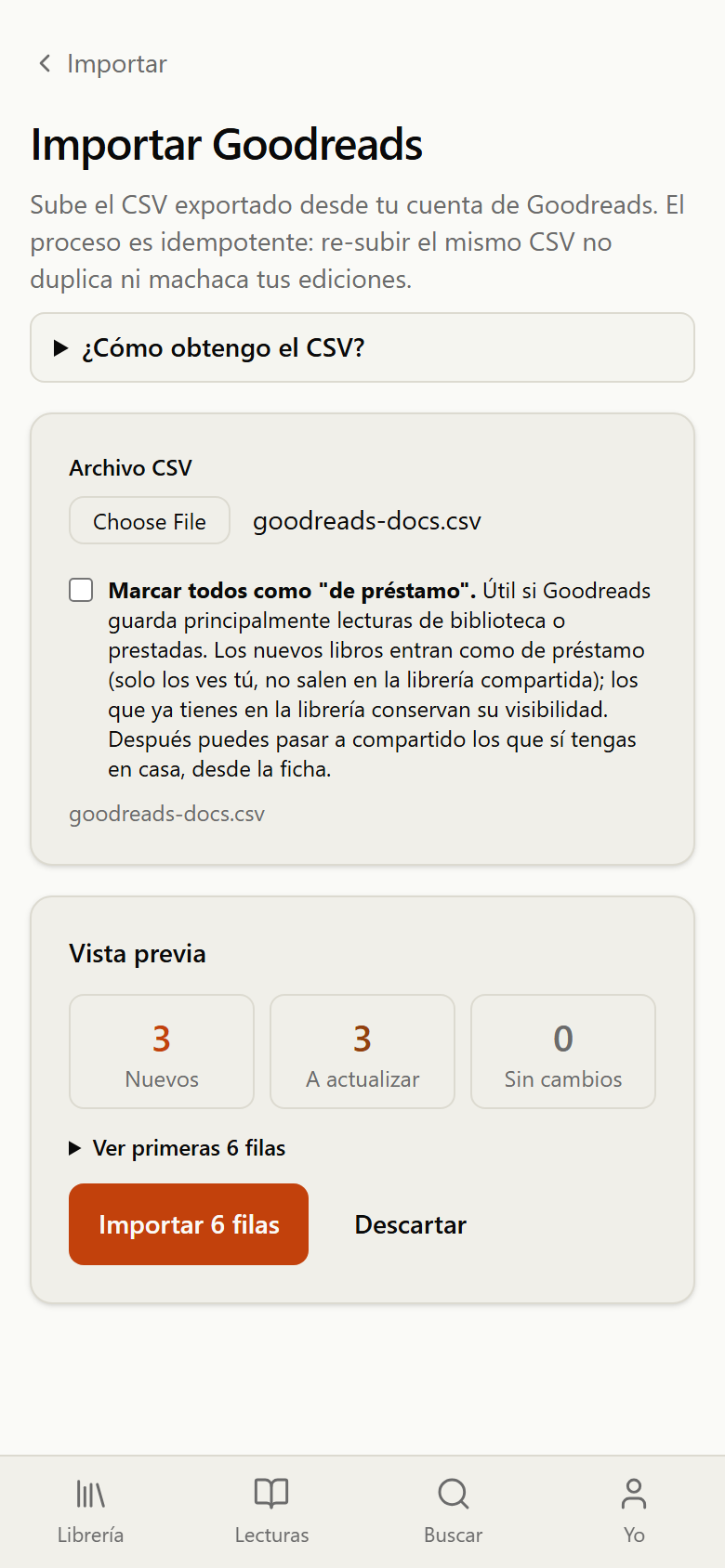 Vista previa del import de Goodreads con el recuento de libros nuevos, a actualizar y sin cambios