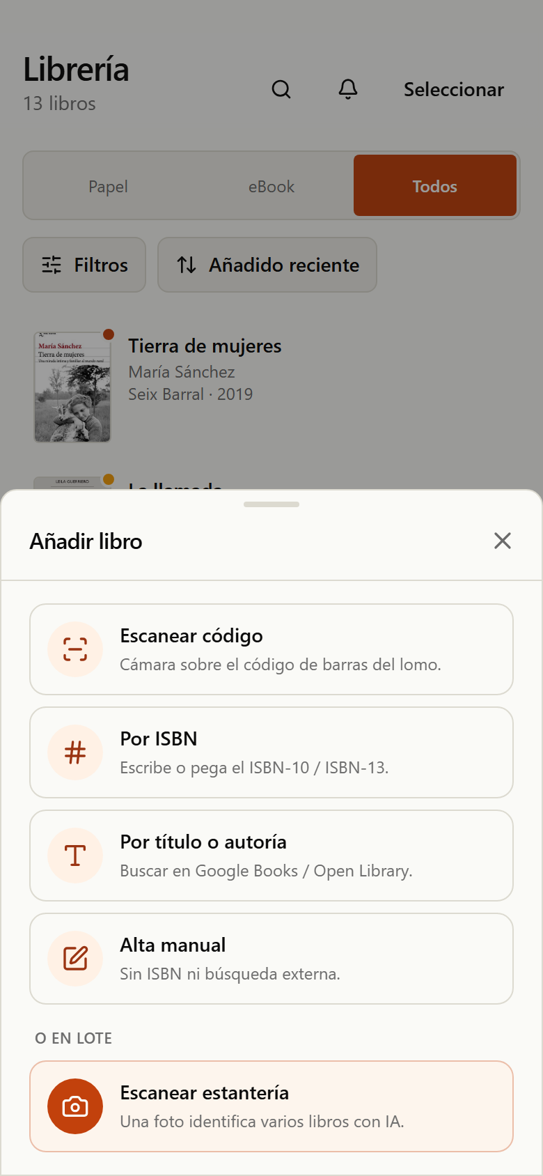 Hoja con los métodos para añadir un libro: escanear código de barras, por ISBN, por título o autoría, alta manual y escanear estantería en lote
