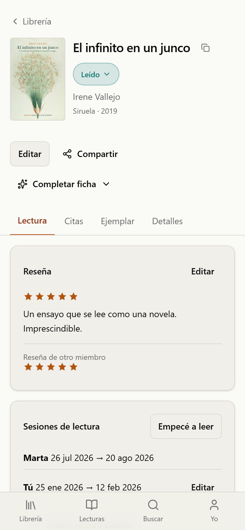 Ficha de un libro con portada, chip de estado, acciones y las pestañas Lectura, Citas, Ejemplar y Detalles