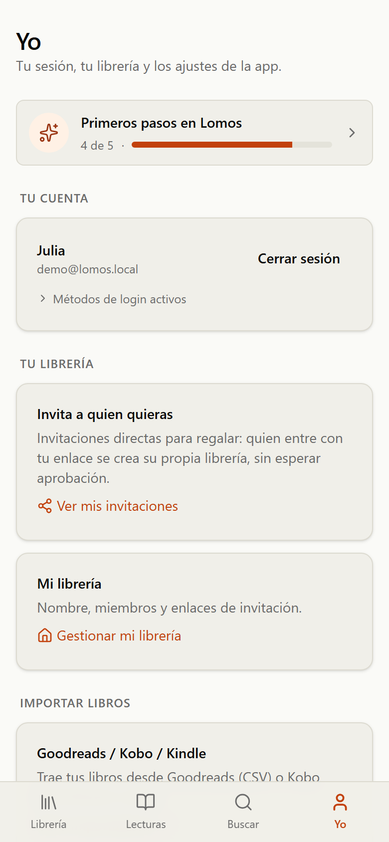 Página Yo con la lista de primeros pasos y las secciones de cuenta, librería, importar y apariencia